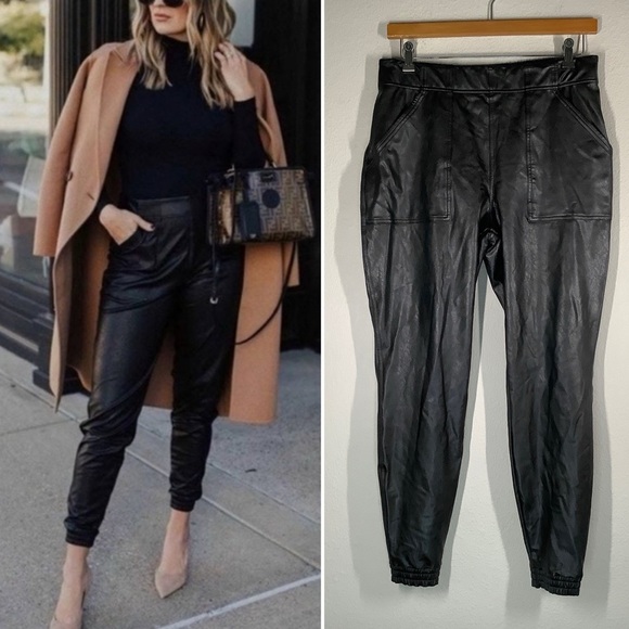 SPANX Faux Leather Jogger Pants XL Black Pockets Pull-On Streetwear Minimalist - Picture 1 of 10